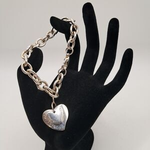 Vtg Tiffany Co Sterling Silver 925 Double Heart Charm Link Bracelet 7.5"